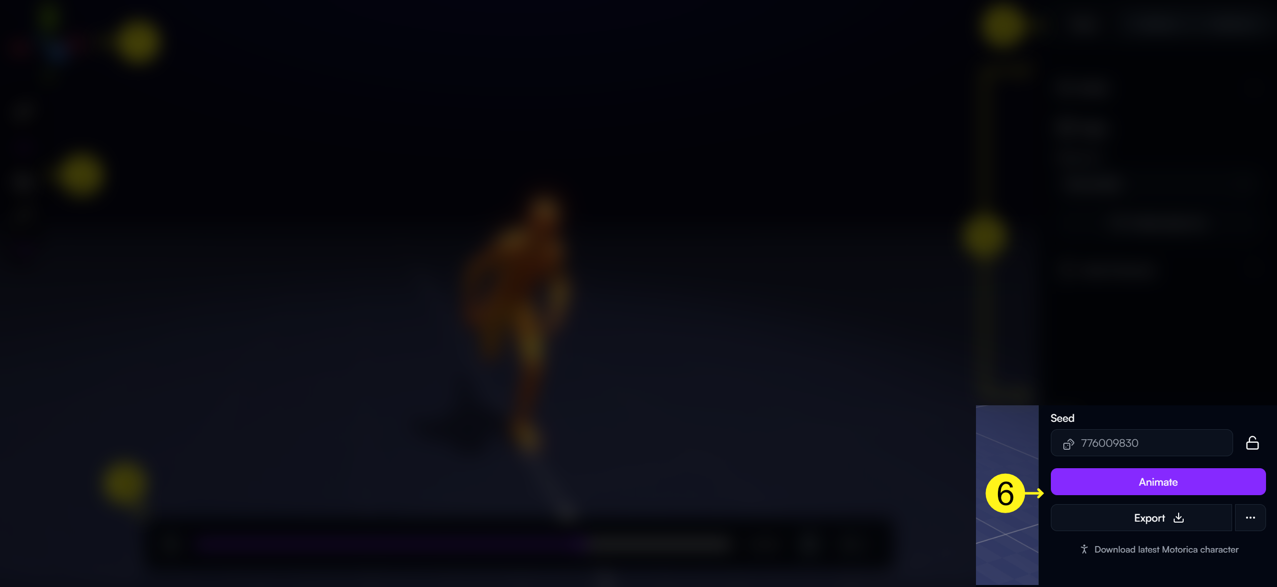 An orange avatar model running along a gridded line in a greyed out background, with a yellow #6 callout highlighting buttons for animation..