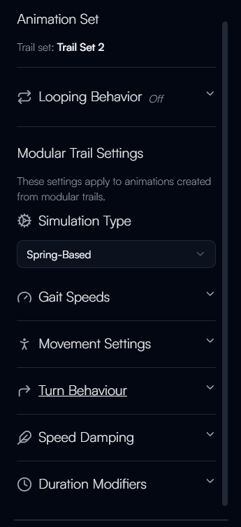 A dark and purple UI with dropdowns for customizing various animation options.